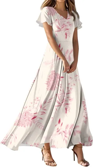 Floral Wedding Guest Dresses for Women Casual Boho V-Neck Ruffle Short Sleeve Aline Swing Long Dress,XS-2XL
