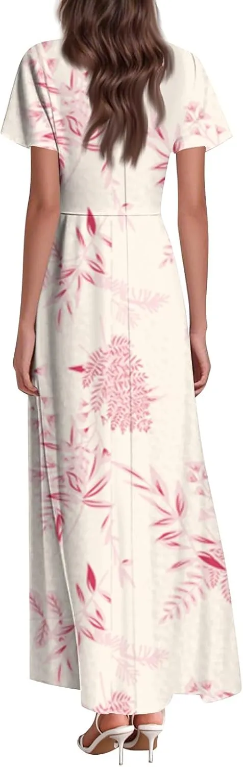 Floral Wedding Guest Dresses for Women Casual Boho V-Neck Ruffle Short Sleeve Aline Swing Long Dress,XS-2XL