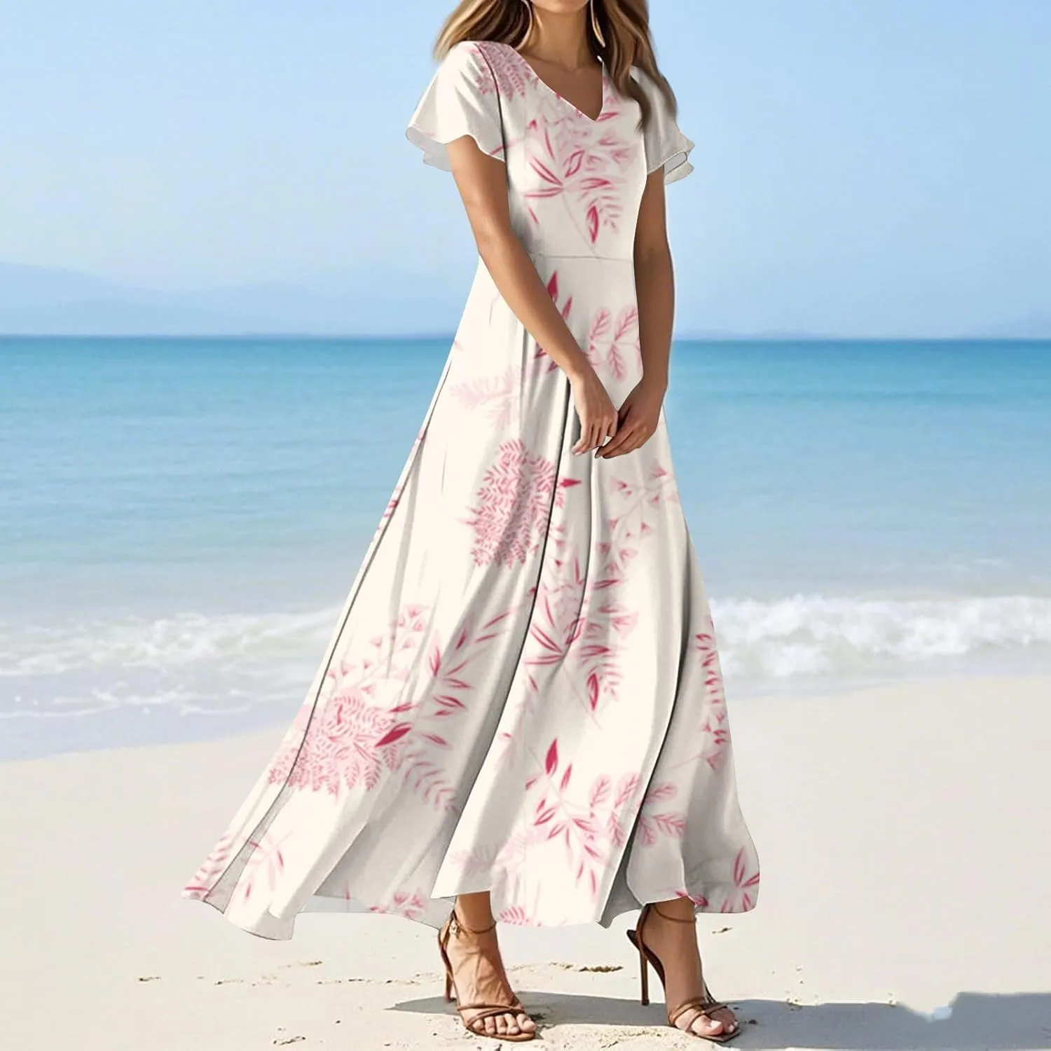 Floral Wedding Guest Dresses for Women Casual Boho V-Neck Ruffle Short Sleeve Aline Swing Long Dress,XS-2XL