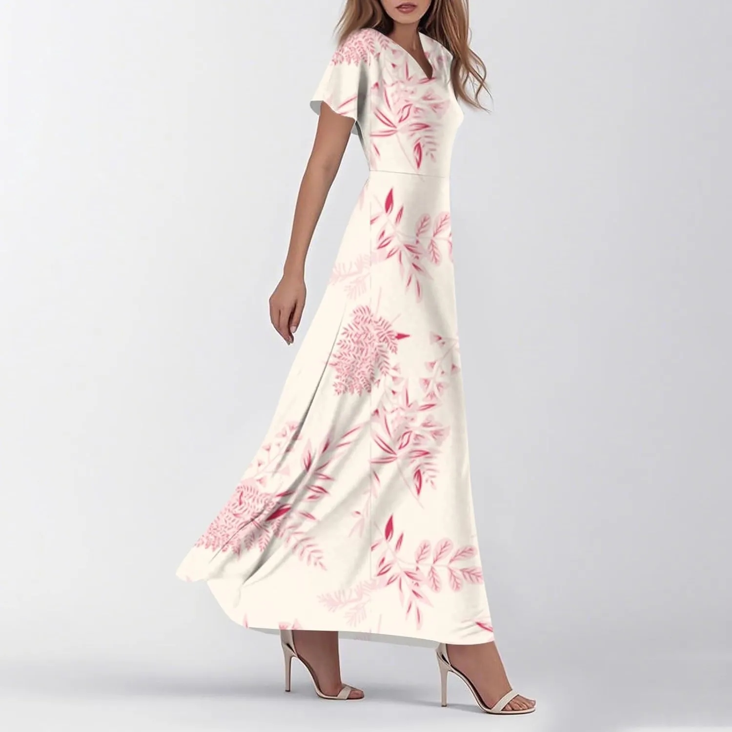 Floral Wedding Guest Dresses for Women Casual Boho V-Neck Ruffle Short Sleeve Aline Swing Long Dress,XS-2XL