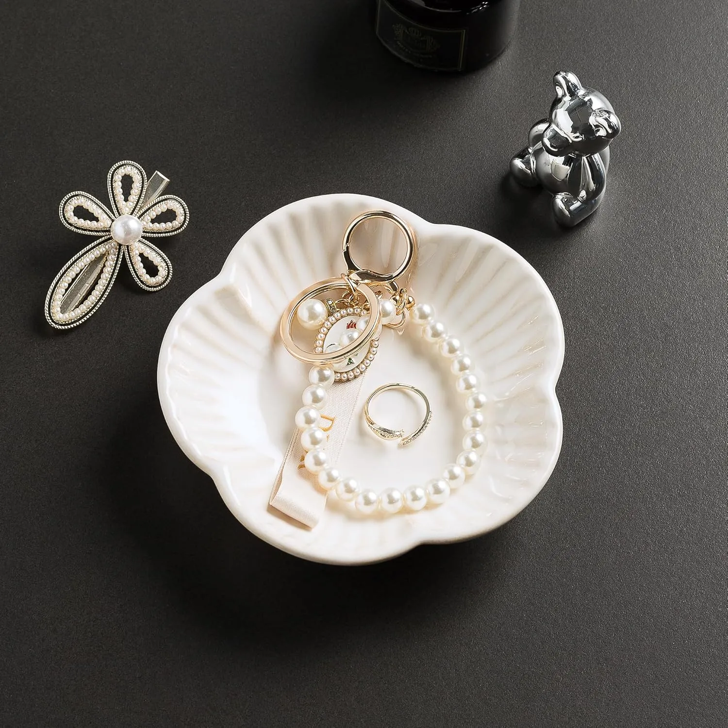 Flower Shape Ring Tray, Key Bowl, Ceramic Trinket Tray Decorative Jewelry Dish for Rings Necklace Earring Key Watch, Home Decoration for Friend Sister Mom (White)