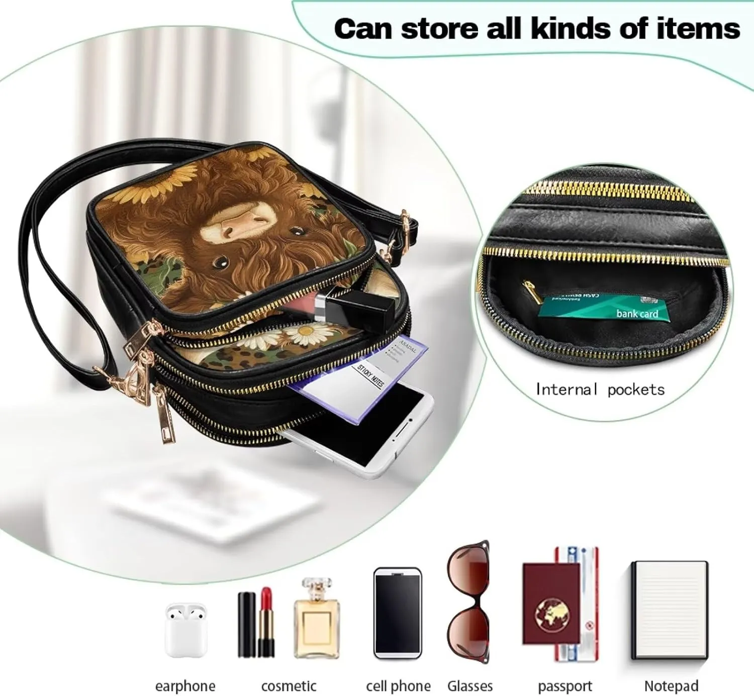 FOR U DESIGNS Crossbody Bags for Women PU Leather Purses Highland Cattle Cute Shoulder Handbags Satchel Hobo Bags