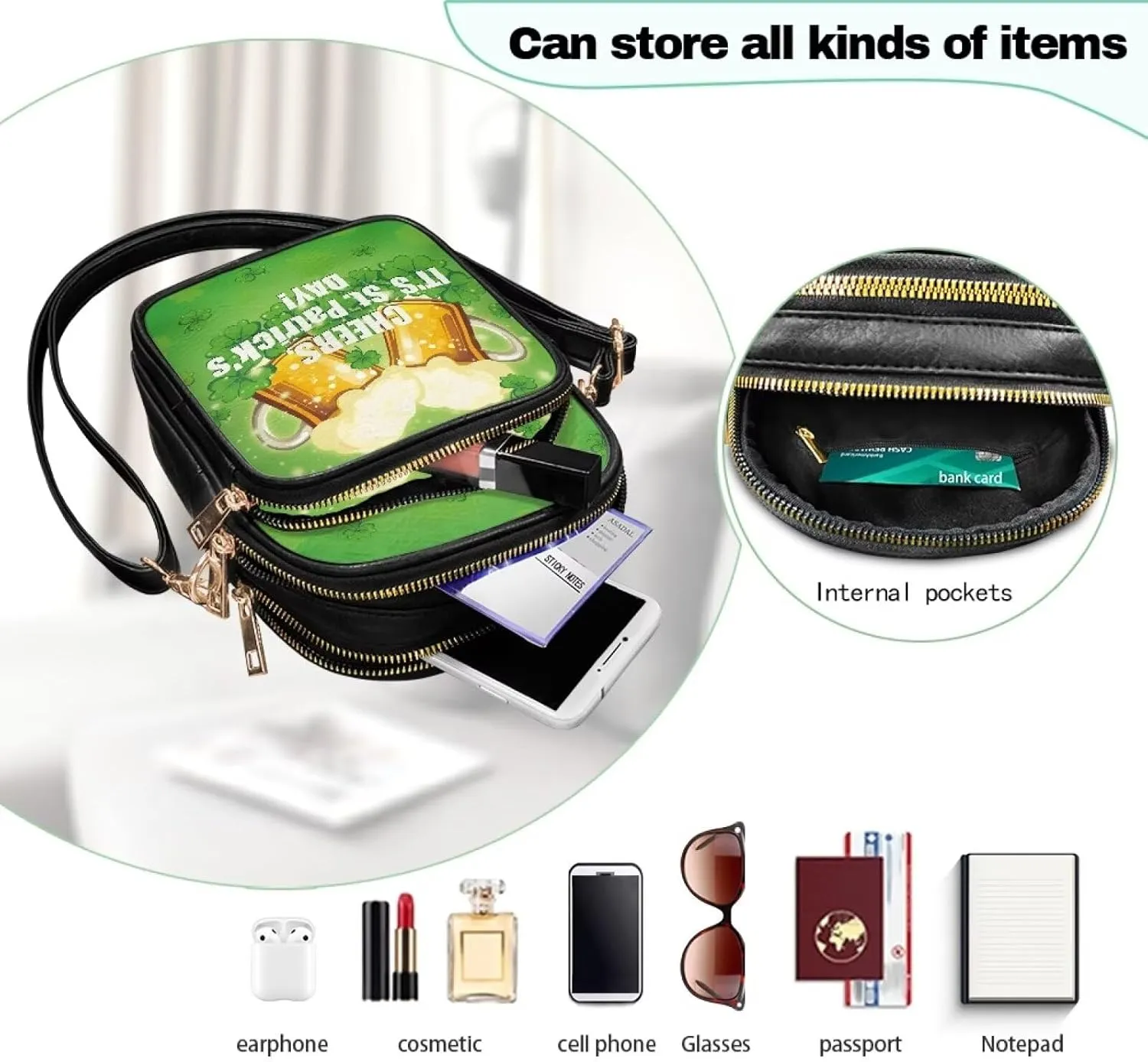 FOR U DESIGNS Small Crossbody Bag for Women Trendy Shoulder Hobo Purses St. Patrick's Day Green Leaves Leather Satchel Bags