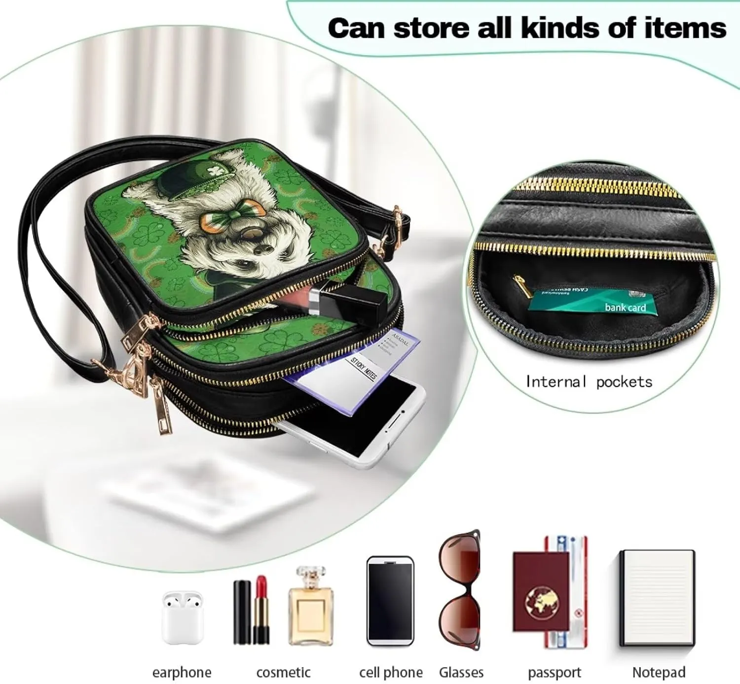 FOR U DESIGNS Small Crossbody Bag for Women Trendy Shoulder Hobo Purses St. Patrick's Day Green Leaves Leather Satchel Bags