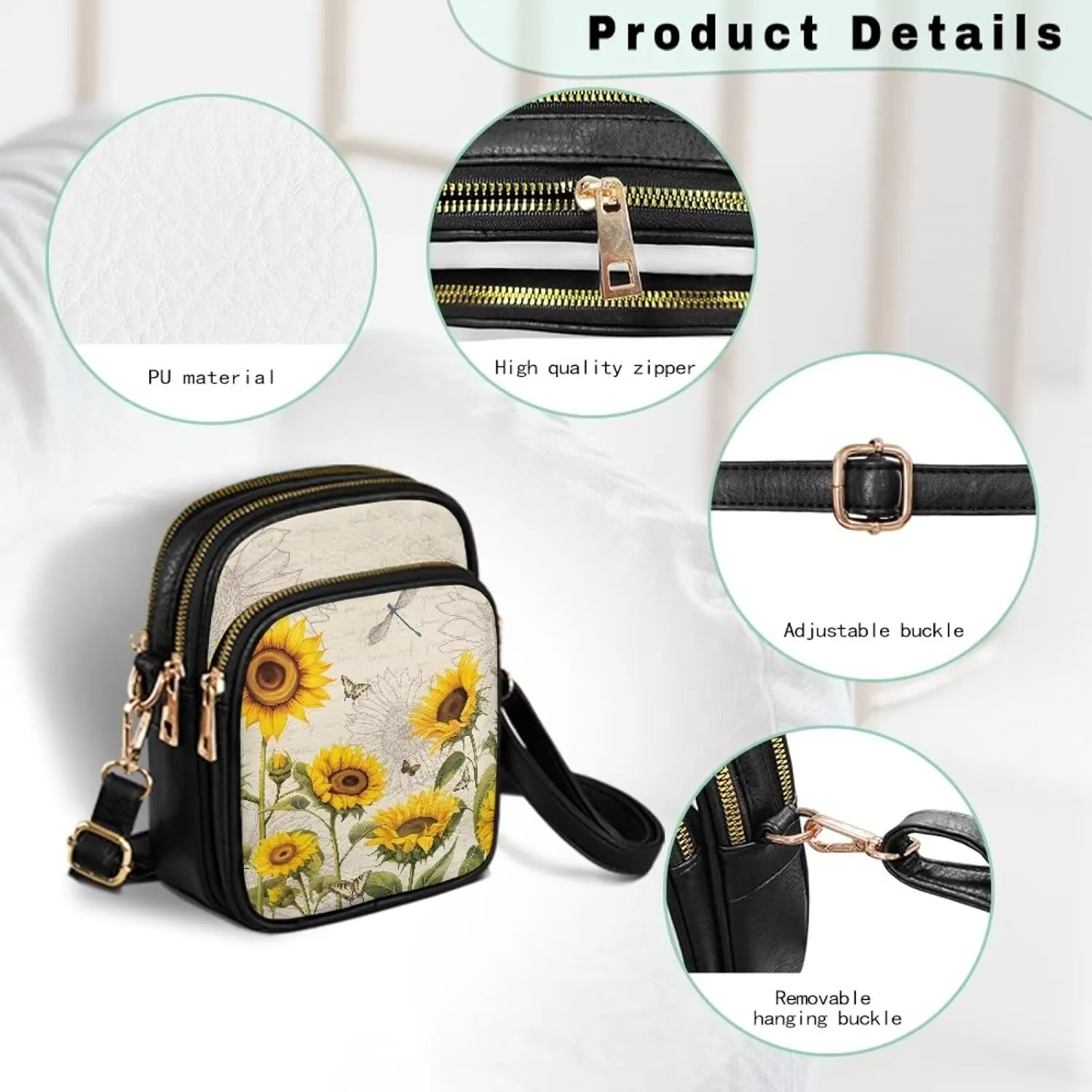 FOR U DESIGNS Sunflower Crossbody Bags for Women Leather Hobo Satchel Purses Multi Zipper Pockets Trendy Shoulder Bag