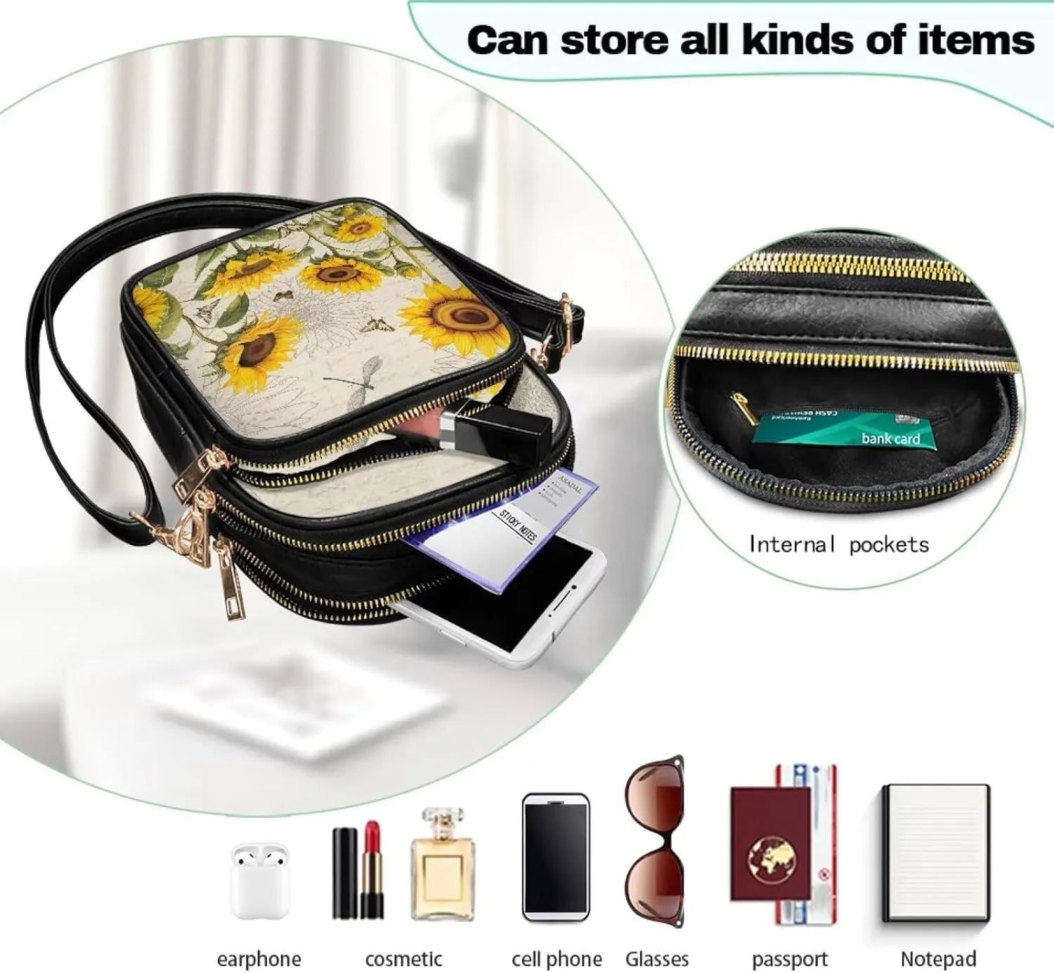 FOR U DESIGNS Sunflower Crossbody Bags for Women Leather Hobo Satchel Purses Multi Zipper Pockets Trendy Shoulder Bag