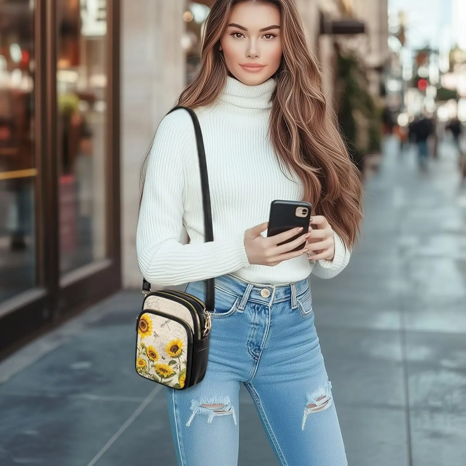 FOR U DESIGNS Sunflower Crossbody Bags for Women Leather Hobo Satchel Purses Multi Zipper Pockets Trendy Shoulder Bag
