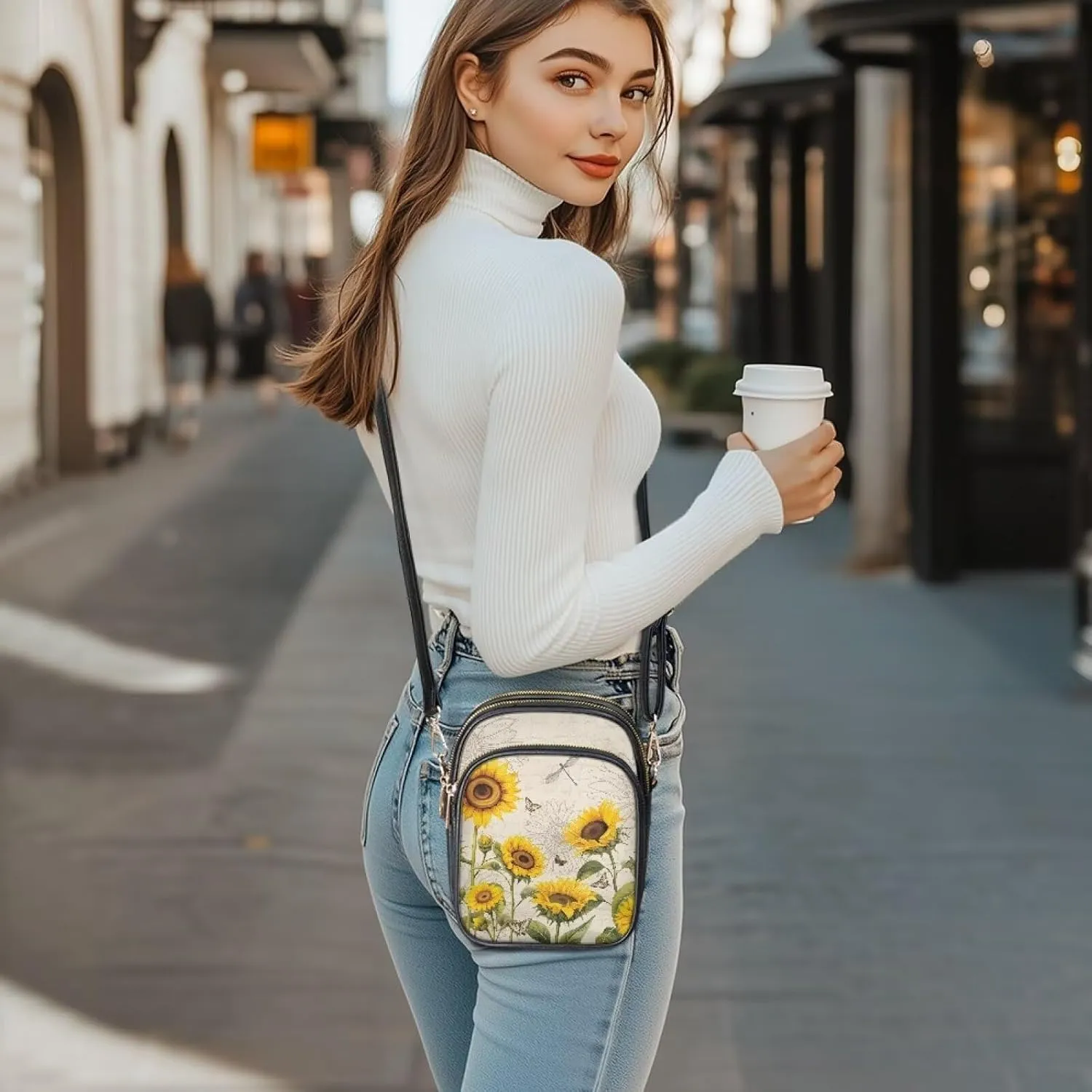 FOR U DESIGNS Sunflower Crossbody Bags for Women Leather Hobo Satchel Purses Multi Zipper Pockets Trendy Shoulder Bag