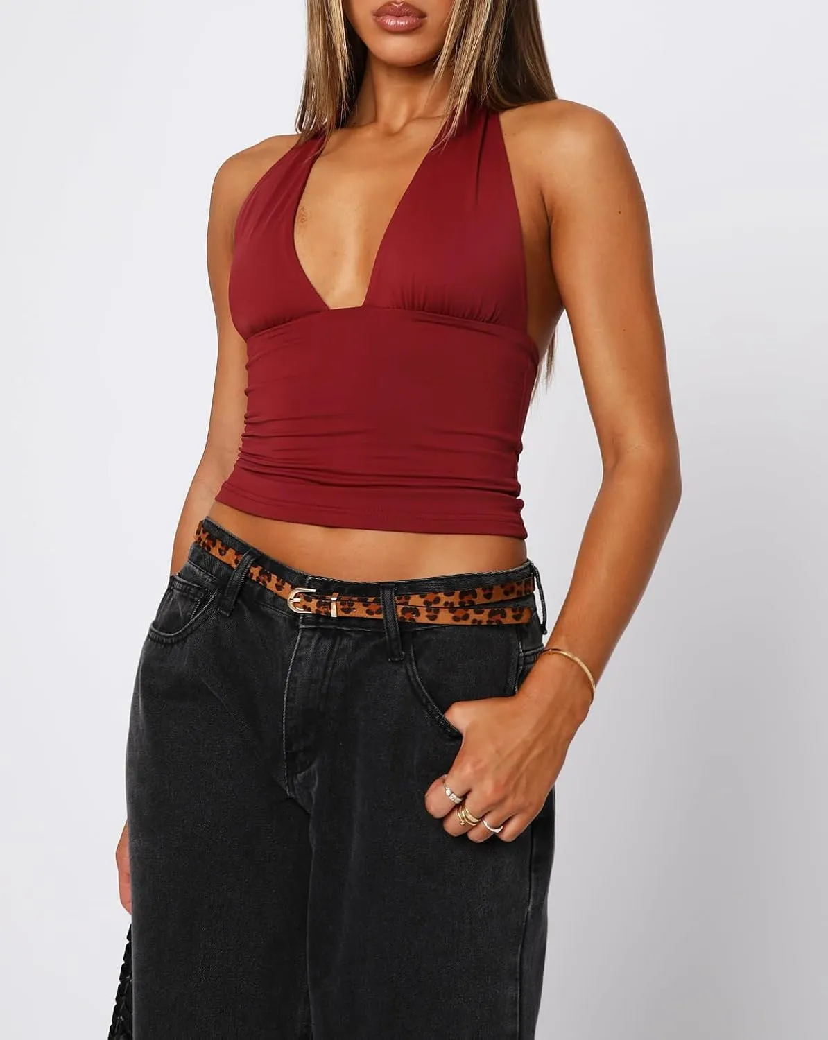 ForeFair Women Sexy Halter Deep V Neck Backless Crop Tank Top Open Back Sleeveless Slim Fit Y2k Summer Tops