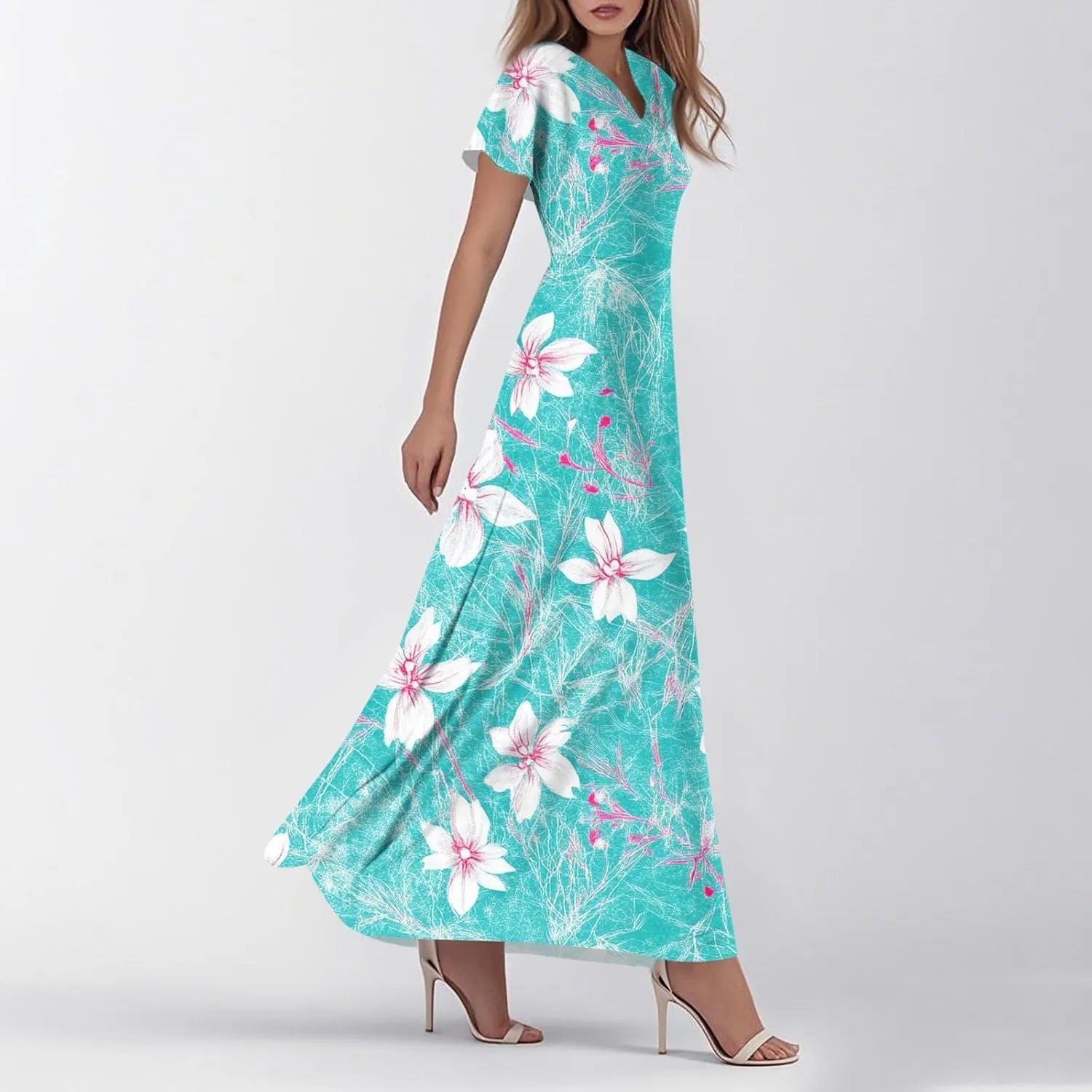 Formal Dresses for Women,Women's Loose Casual V-Neck Short Sleeved High Waisted Print Chiffon Dress