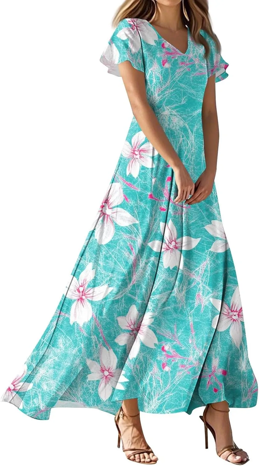 Formal Dresses for Women,Women's Loose Casual V-Neck Short Sleeved High Waisted Print Chiffon Dress