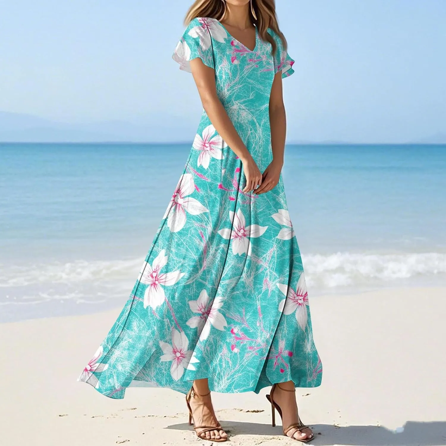 Formal Dresses for Women,Women's Loose Casual V-Neck Short Sleeved High Waisted Print Chiffon Dress