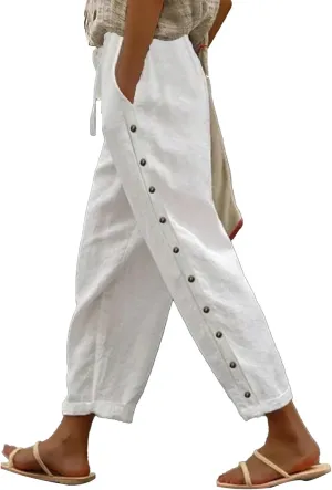 Gauze Pants for Women Casual Summer Striped Side Button Elastic Waist Trendy Pants Straight Leg Baggy Trousers