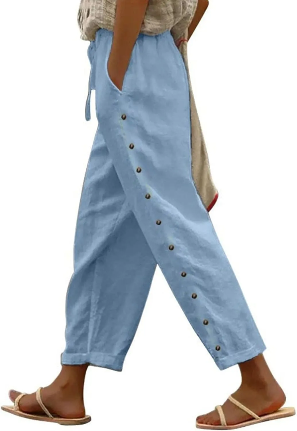 Gauze Pants for Women Casual Summer Striped Side Button Elastic Waist Trendy Pants Straight Leg Baggy Trousers