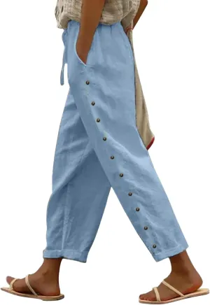 Gauze Pants for Women Casual Summer Striped Side Button Elastic Waist Trendy Pants Straight Leg Baggy Trousers