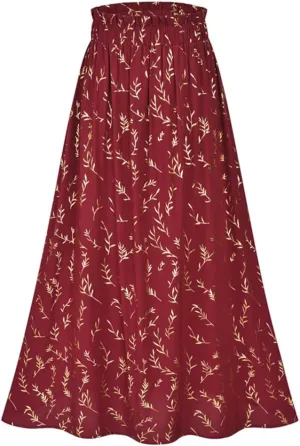 Gienergy Yellow Leaf Floral Pleated Midi Skirt Women's Elastic High Waist Side Pocket Skirt Summer Women's Bottoming Skirt