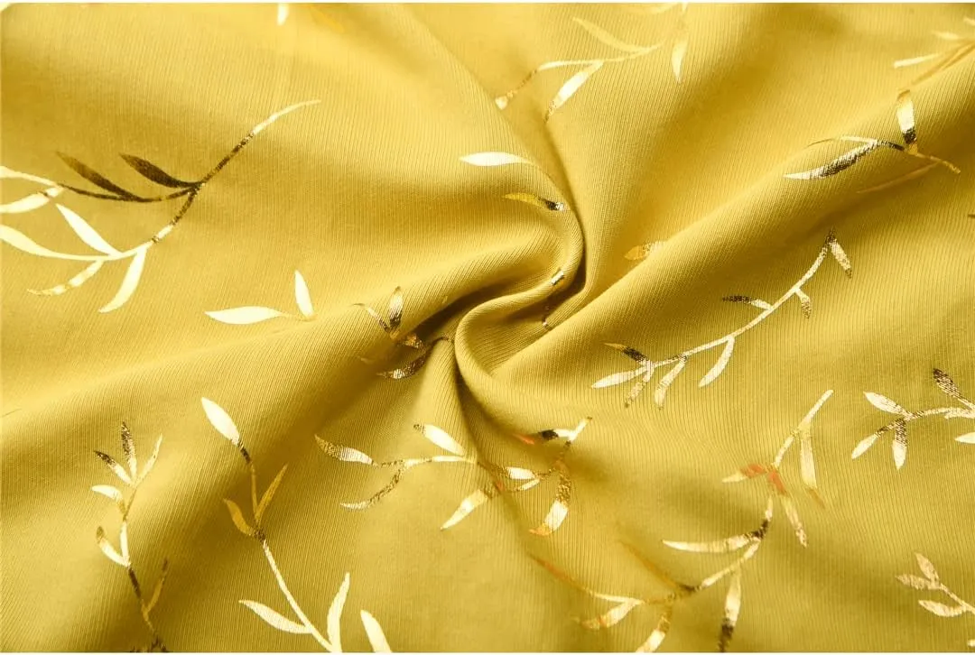 Gienergy Yellow Leaf Floral Pleated Midi Skirt Women's Elastic High Waist Side Pocket Skirt Summer Women's Bottoming Skirt