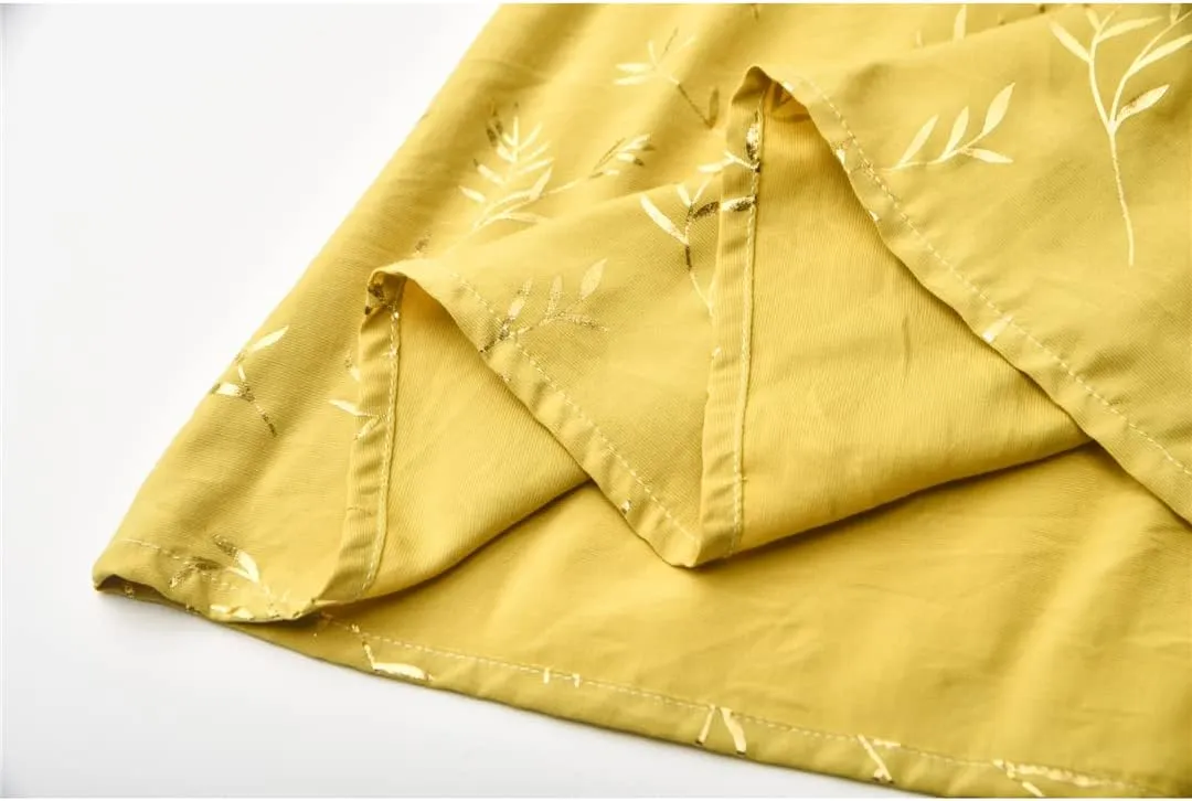 Gienergy Yellow Leaf Floral Pleated Midi Skirt Women's Elastic High Waist Side Pocket Skirt Summer Women's Bottoming Skirt