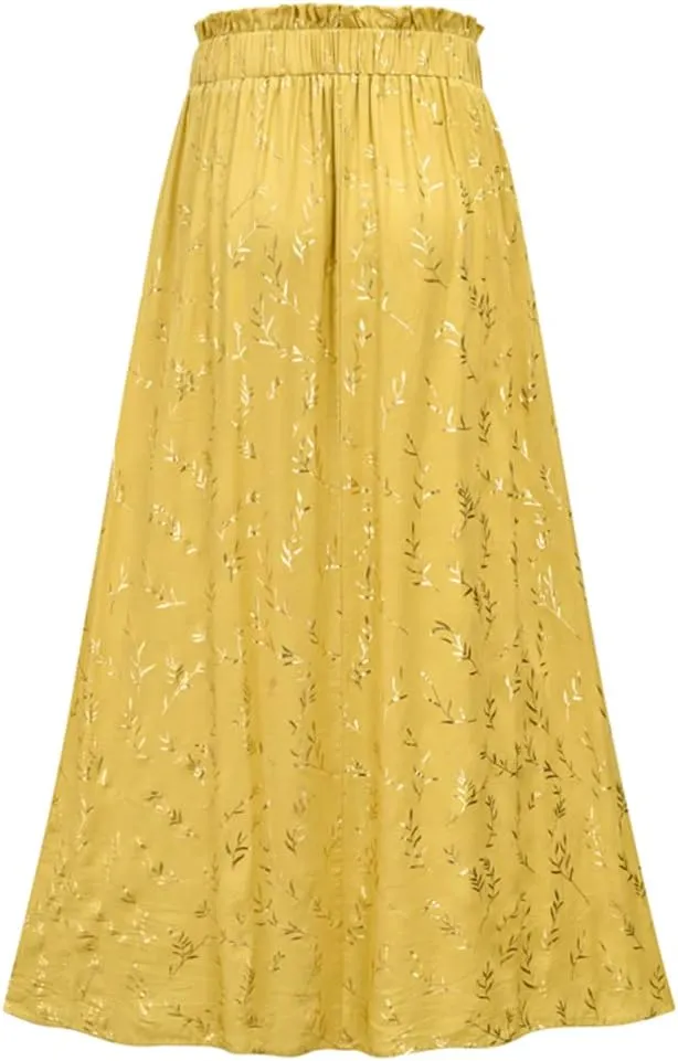 Gienergy Yellow Leaf Floral Pleated Midi Skirt Women's Elastic High Waist Side Pocket Skirt Summer Women's Bottoming Skirt