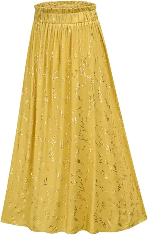 Gienergy Yellow Leaf Floral Pleated Midi Skirt Women's Elastic High Waist Side Pocket Skirt Summer Women's Bottoming Skirt