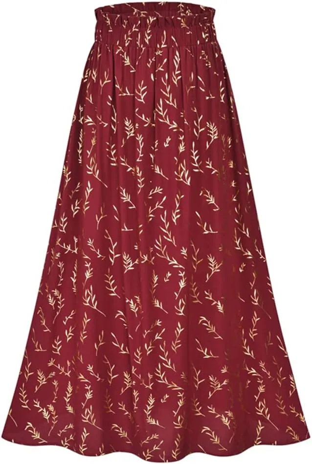 Gienergy Yellow Leaf Floral Pleated Midi Skirt Women's Elastic High Waist Side Pocket Skirt Summer Women's Bottoming Skirt