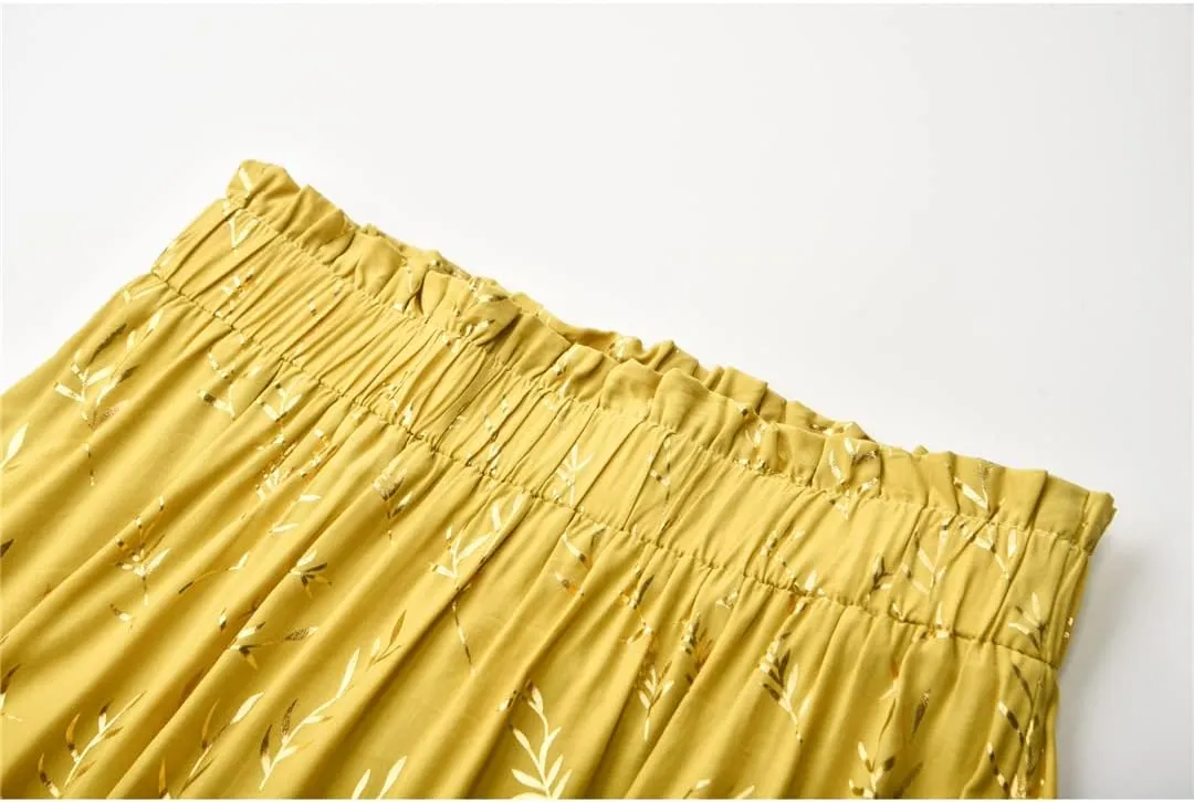 Gienergy Yellow Leaf Floral Pleated Midi Skirt Women's Elastic High Waist Side Pocket Skirt Summer Women's Bottoming Skirt