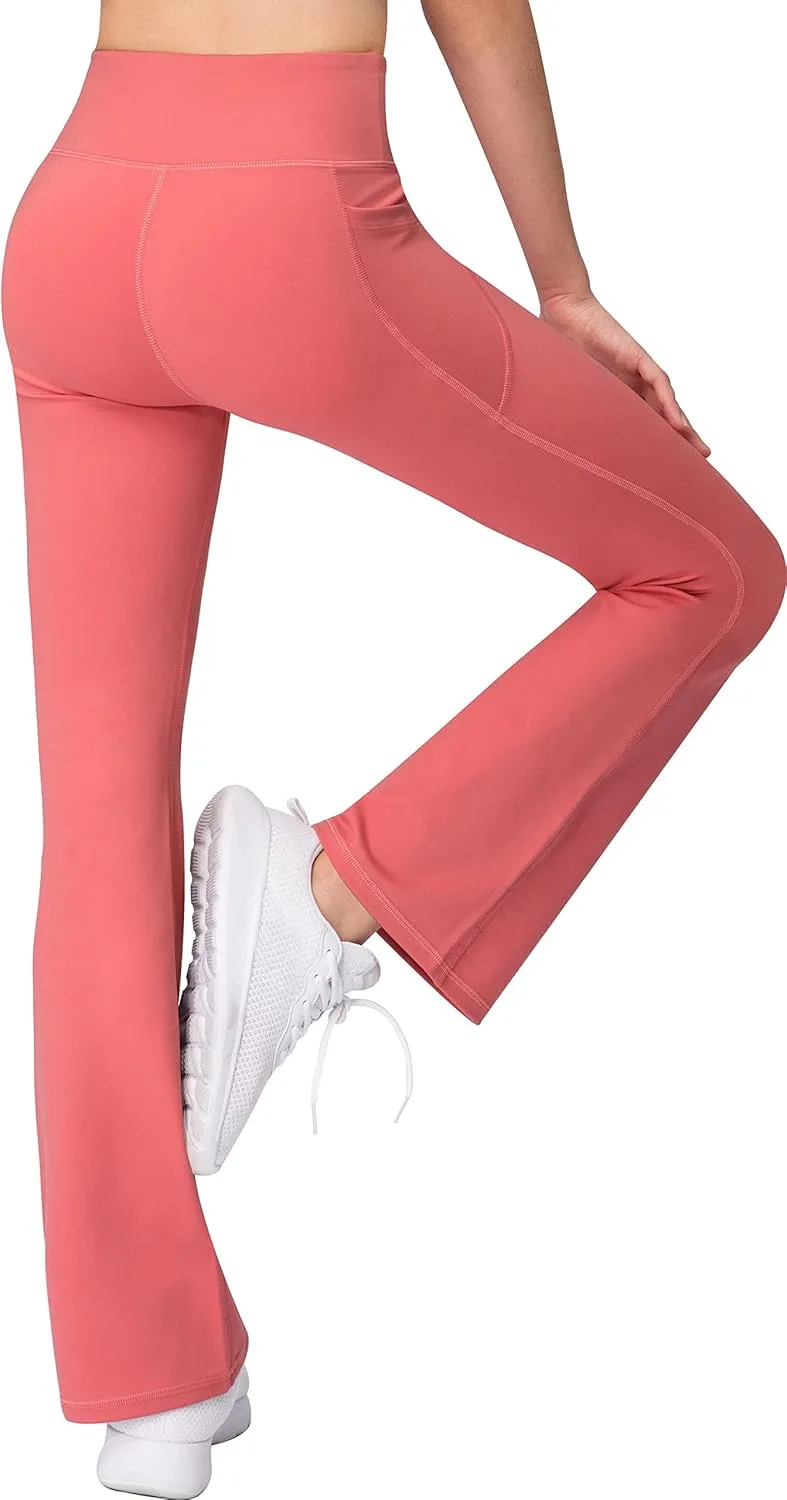 Girls Bootcut Yoga Pants with Pockets - V Cross High Waist Flare Workout Dance Leggings for Teen Girls