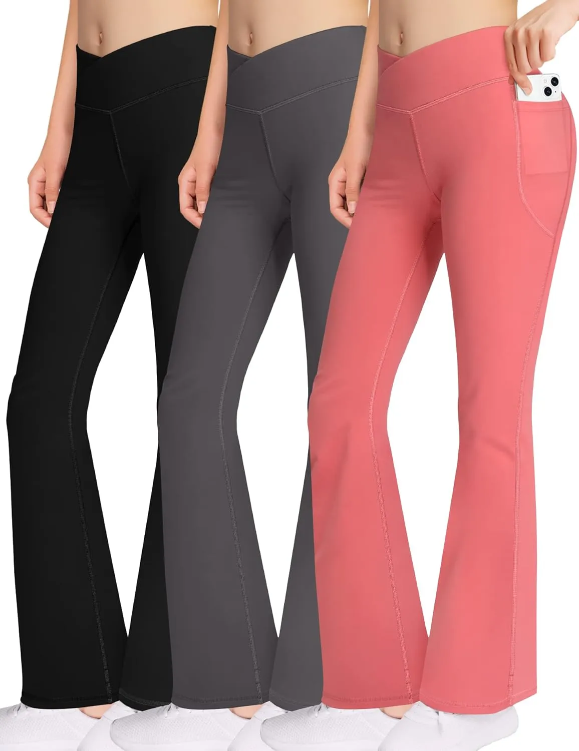 Girls Bootcut Yoga Pants with Pockets - V Cross High Waist Flare Workout Dance Leggings for Teen Girls