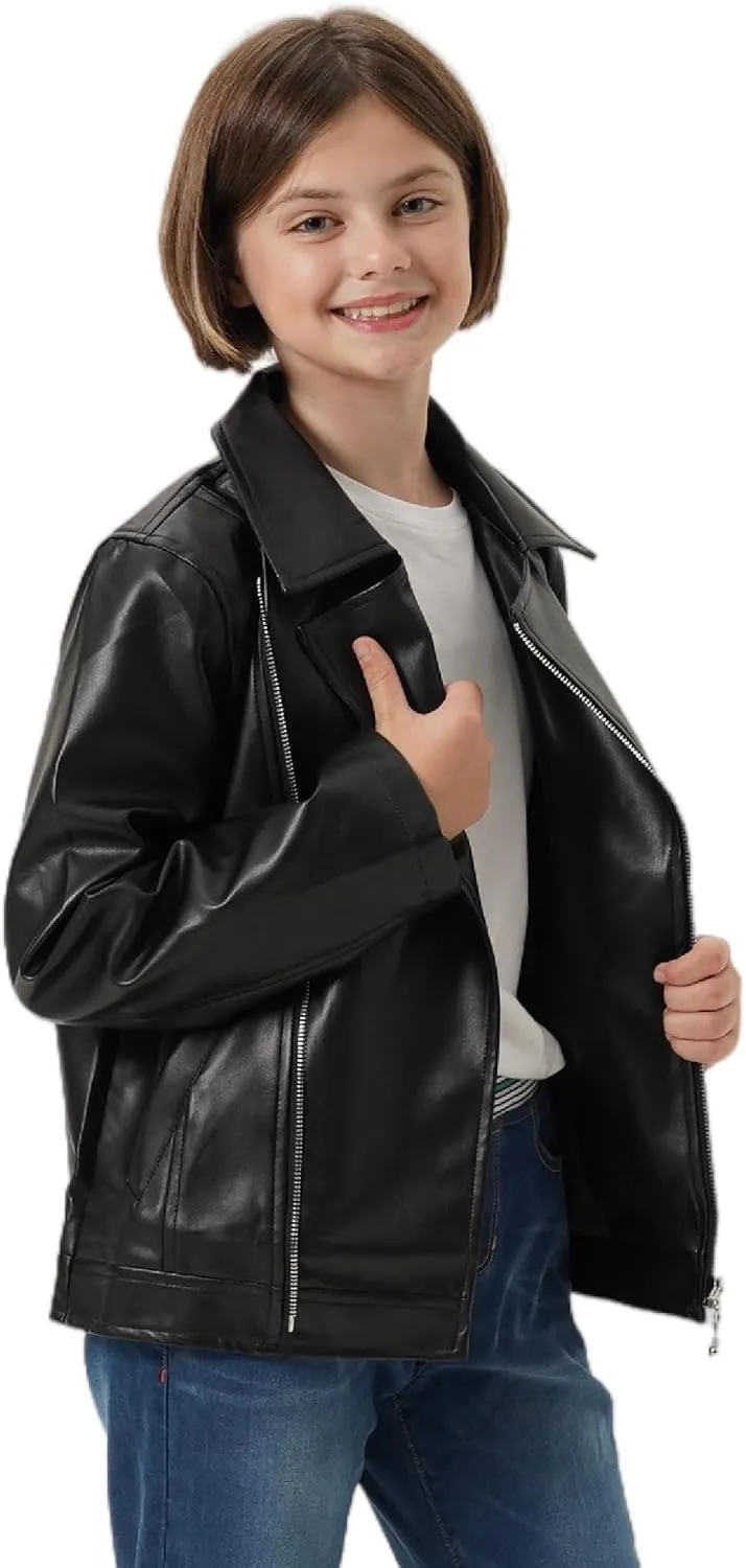 Girls Faux Leather Motorcycle Jacket Bomber Coat with Zipper Pockets Windproof Spring Fall Outerwear for Kids Ages 4-14