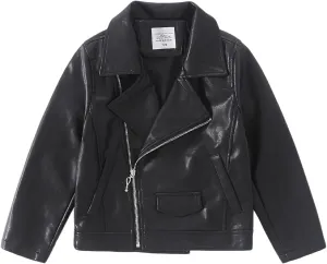 Girls Faux Leather Motorcycle Jacket Bomber Coat with Zipper Pockets Windproof Spring Fall Outerwear for Kids Ages 4-14