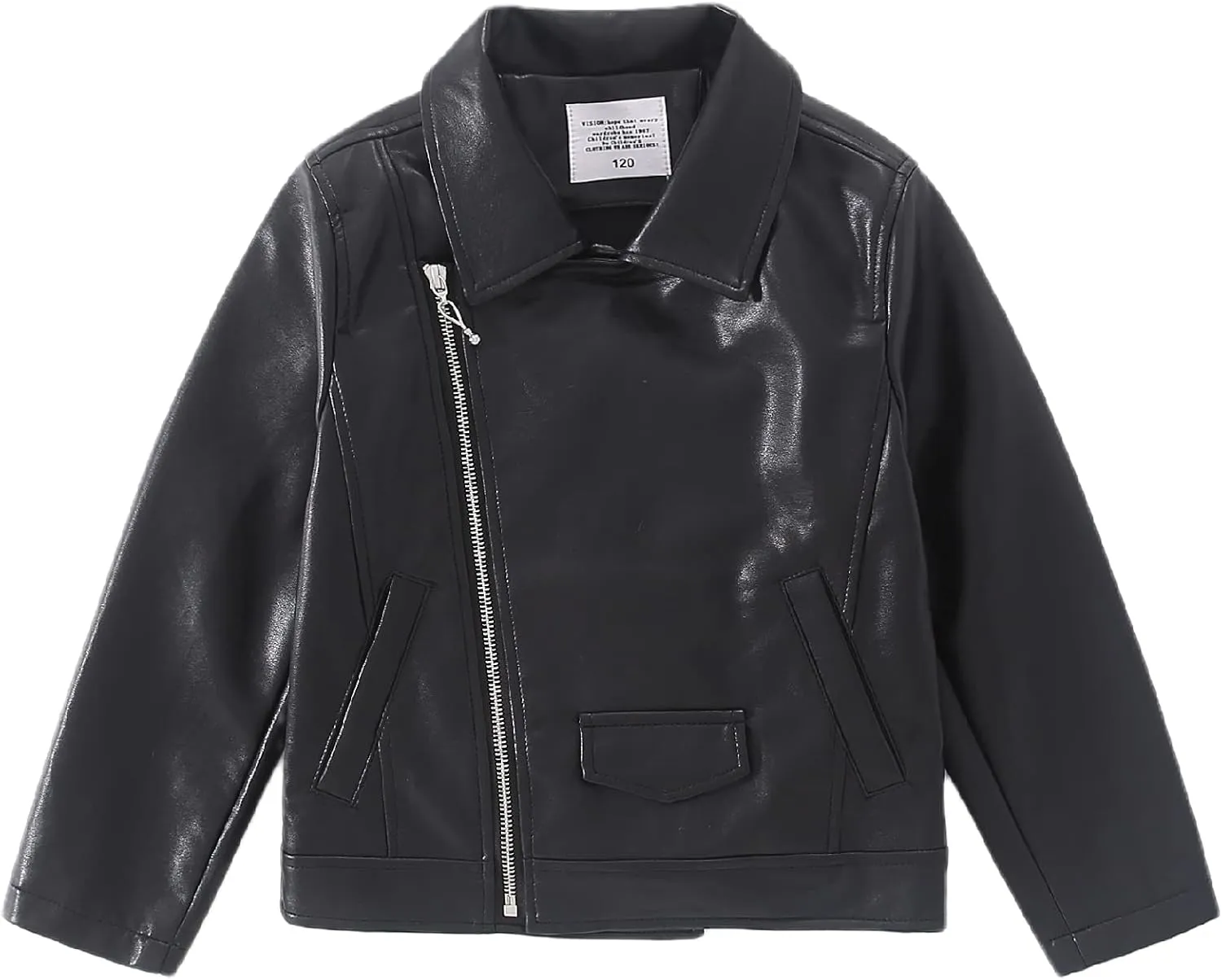 Girls Faux Leather Motorcycle Jacket Bomber Coat with Zipper Pockets Windproof Spring Fall Outerwear for Kids Ages 4-14
