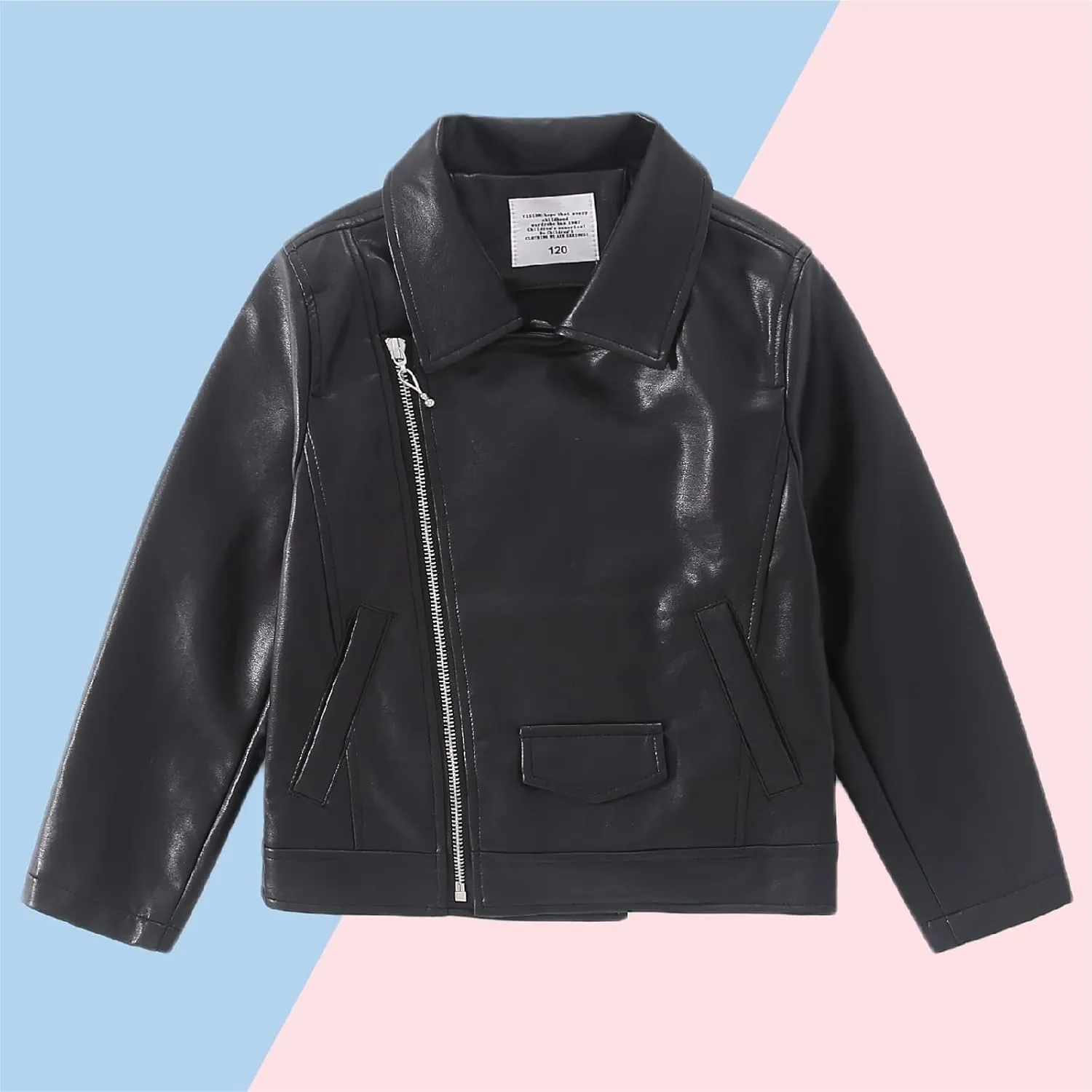 Girls Faux Leather Motorcycle Jacket Bomber Coat with Zipper Pockets Windproof Spring Fall Outerwear for Kids Ages 4-14