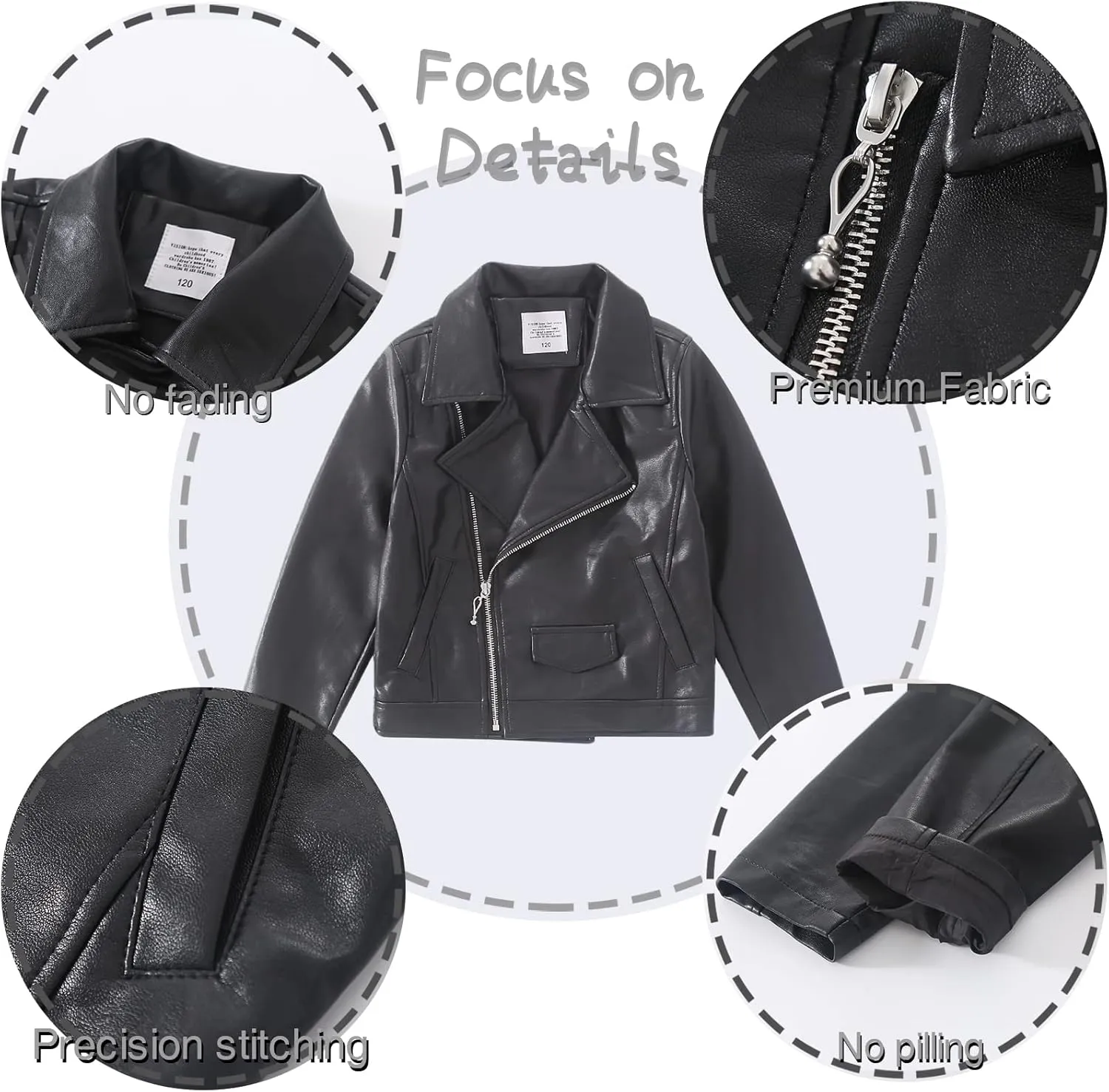 Girls Faux Leather Motorcycle Jacket Bomber Coat with Zipper Pockets Windproof Spring Fall Outerwear for Kids Ages 4-14
