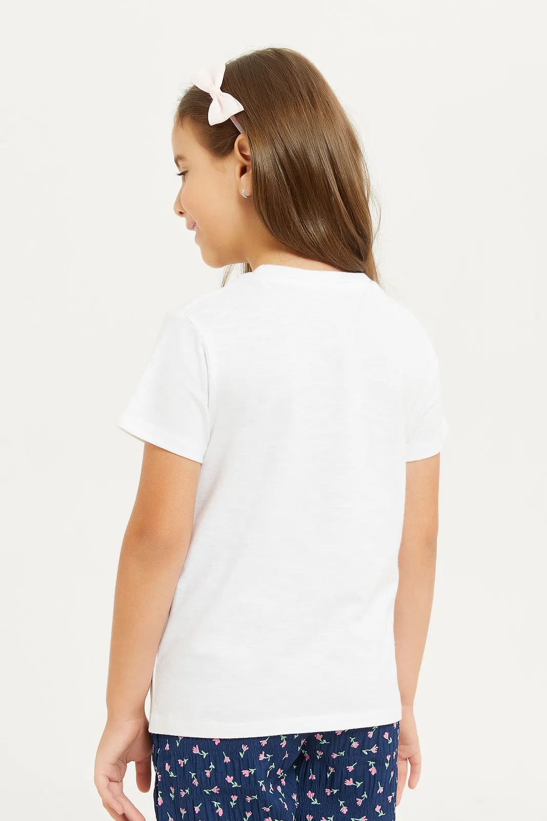 Girls White 3D Printed T-Shirt