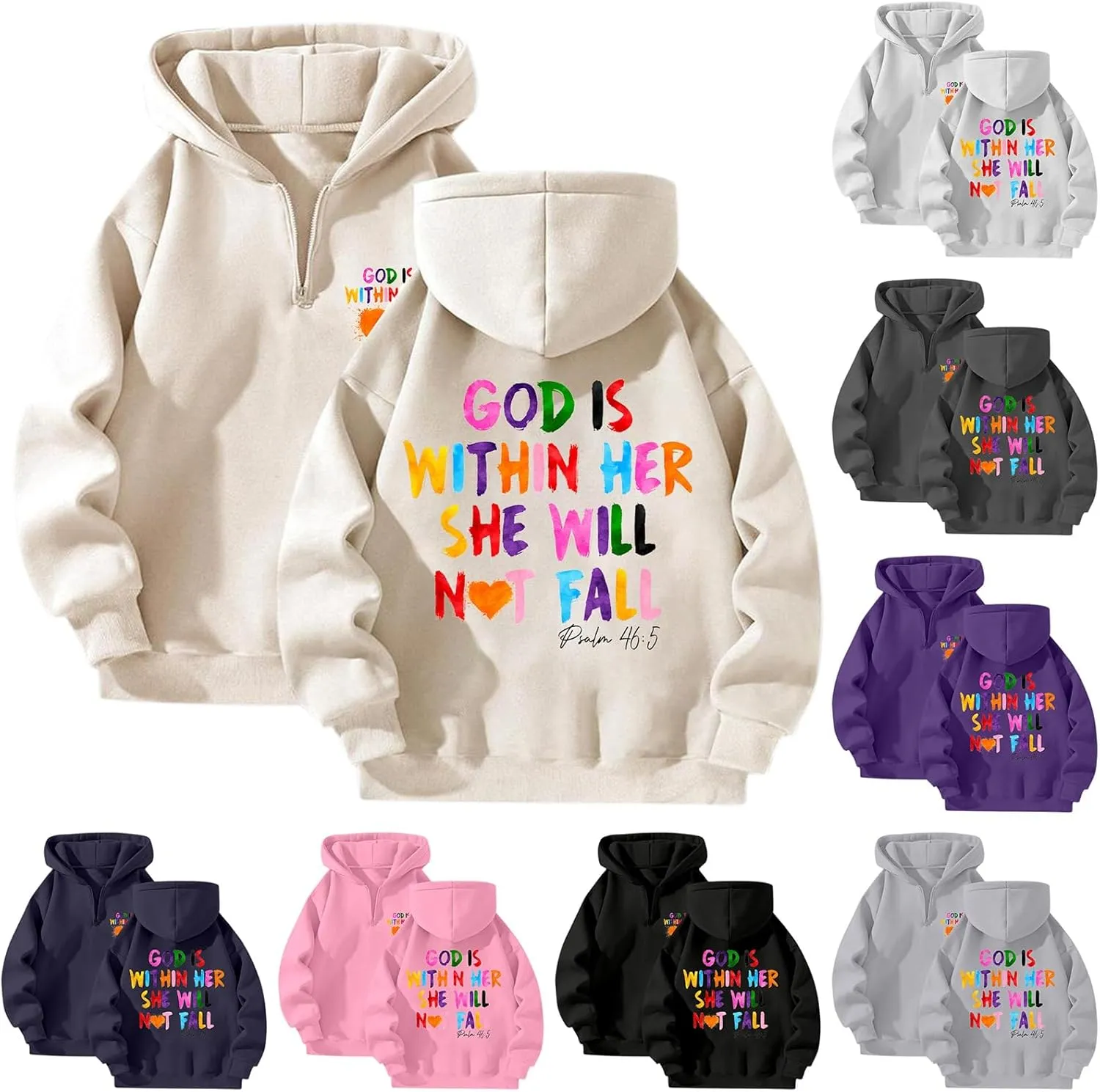 God is Within Her Will Not Fall Hoodies for Women,Casual Zip Up Hooded Sweatshirt Oversized Cute Fall Sweatshirts