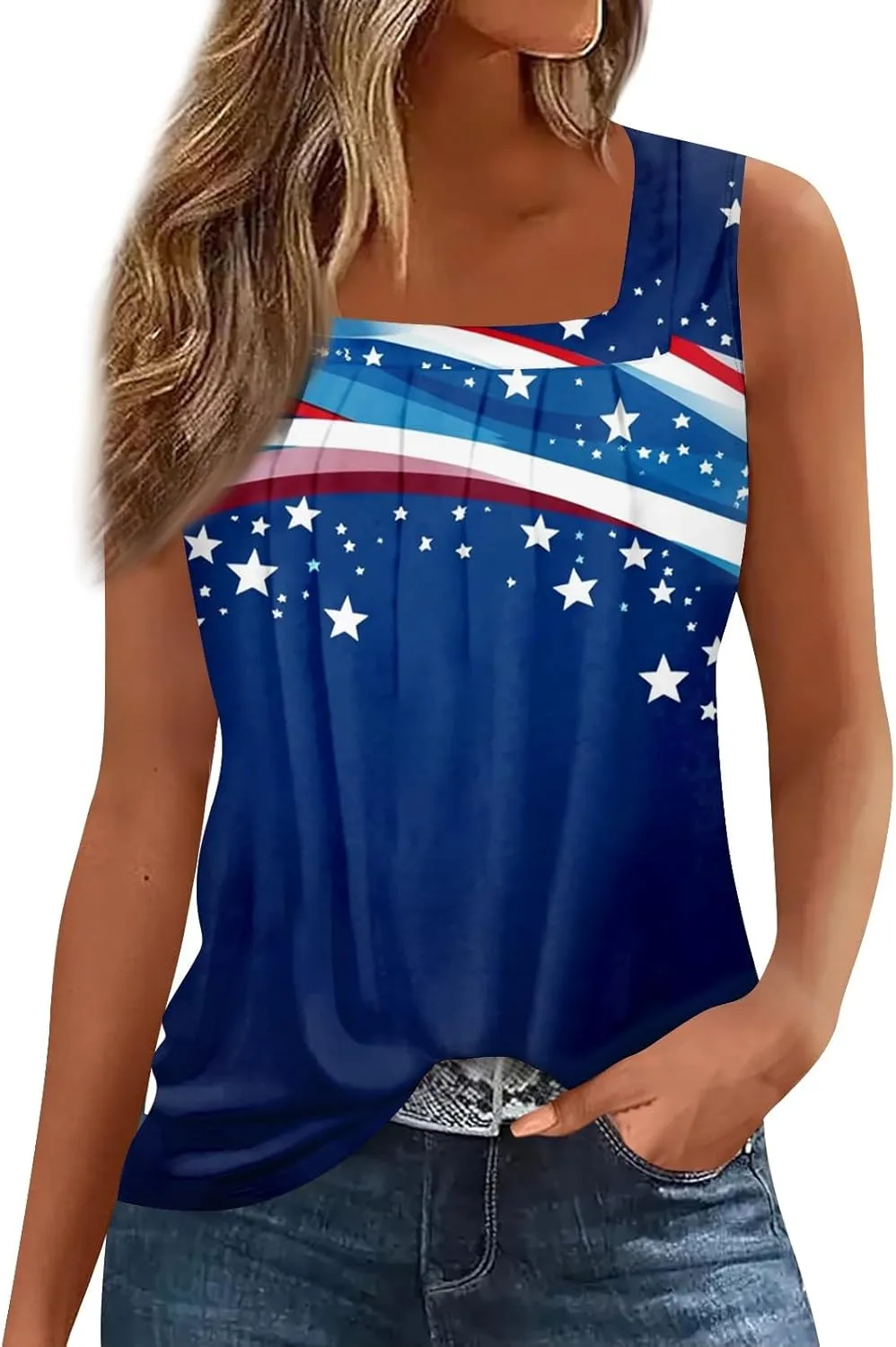 GOFULY 4Th of July Patriotic Independence Day Tank Tops for Women Pleated Square Neck Fourth of July USA Flag Shirts Summer