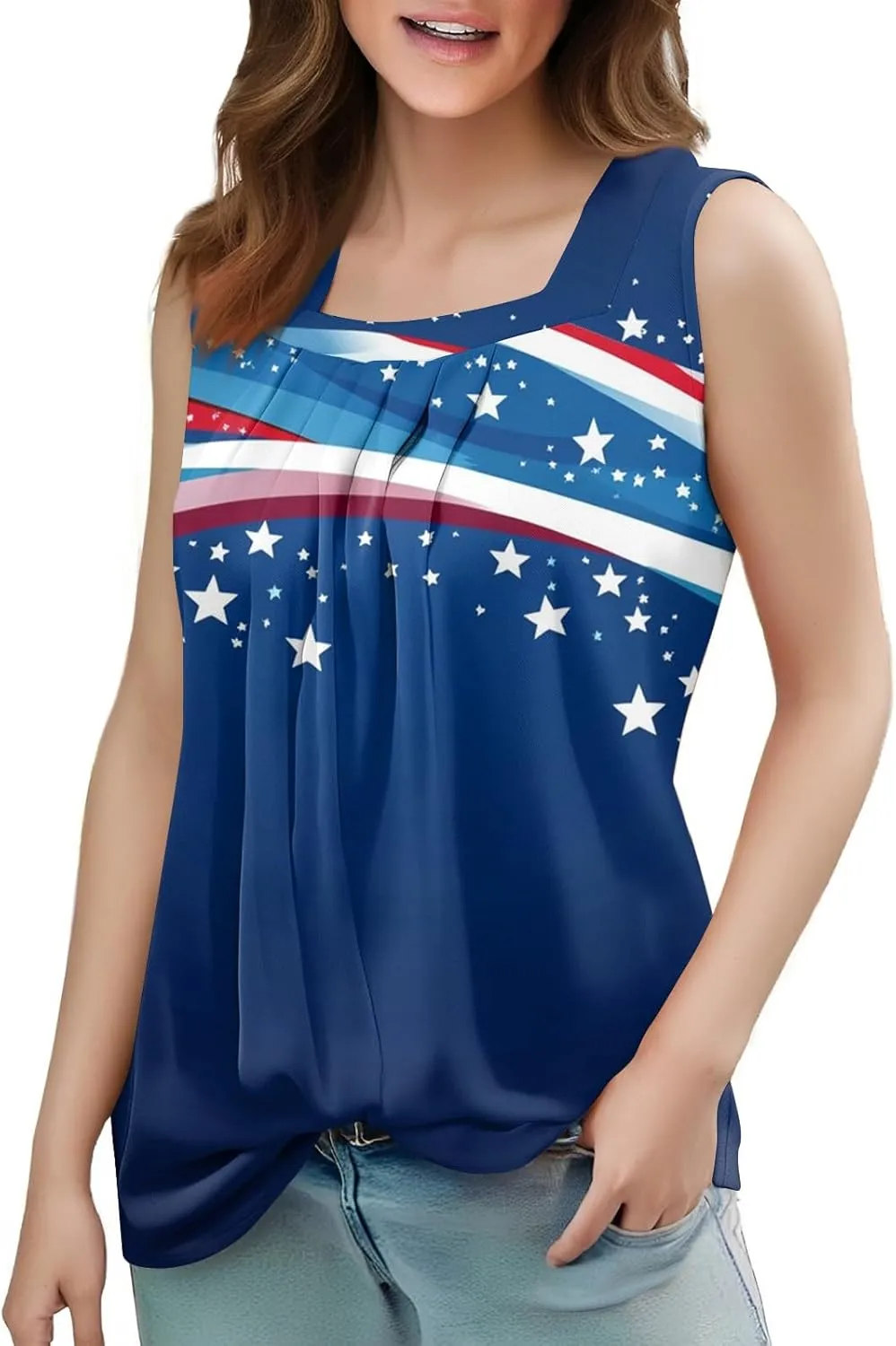GOFULY 4Th of July Patriotic Independence Day Tank Tops for Women Pleated Square Neck Fourth of July USA Flag Shirts Summer