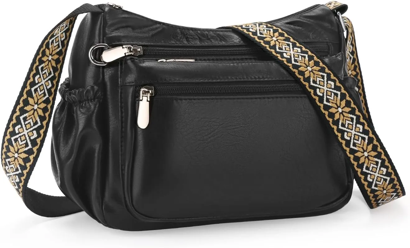 GOIACII Crossbody Bags for Women Soft Vegan Leather Shoulder Handbags with Wide Strap Multi Pocket Ladies Purses