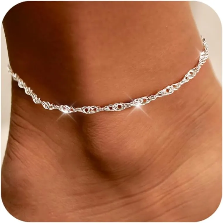 Gold Anklet Ankle Bracelets for Women, 14k Gold Plated Silver Anklet for Women Trendy Cute Dainty Twist Chain Adjustable Hypoallergenic Waterproof Anklets Summer Beach Jewelry Gift