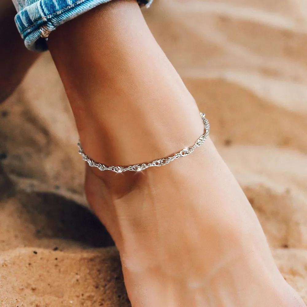 Gold Anklet Ankle Bracelets for Women, 14k Gold Plated Silver Anklet for Women Trendy Cute Dainty Twist Chain Adjustable Hypoallergenic Waterproof Anklets Summer Beach Jewelry Gift