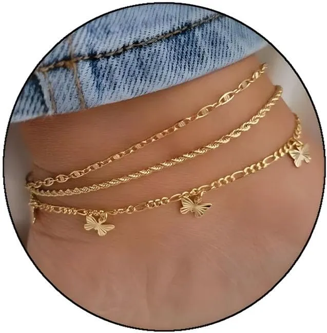 Gold Butterfly Anklets for Women Boho Layered Twist Anklets Set Adjustable Dainty Butterfly Anklet Summer Beach Jewelry