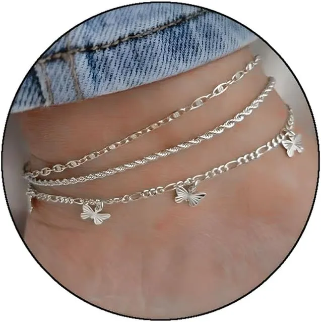 Gold Butterfly Anklets for Women Boho Layered Twist Anklets Set Adjustable Dainty Butterfly Anklet Summer Beach Jewelry