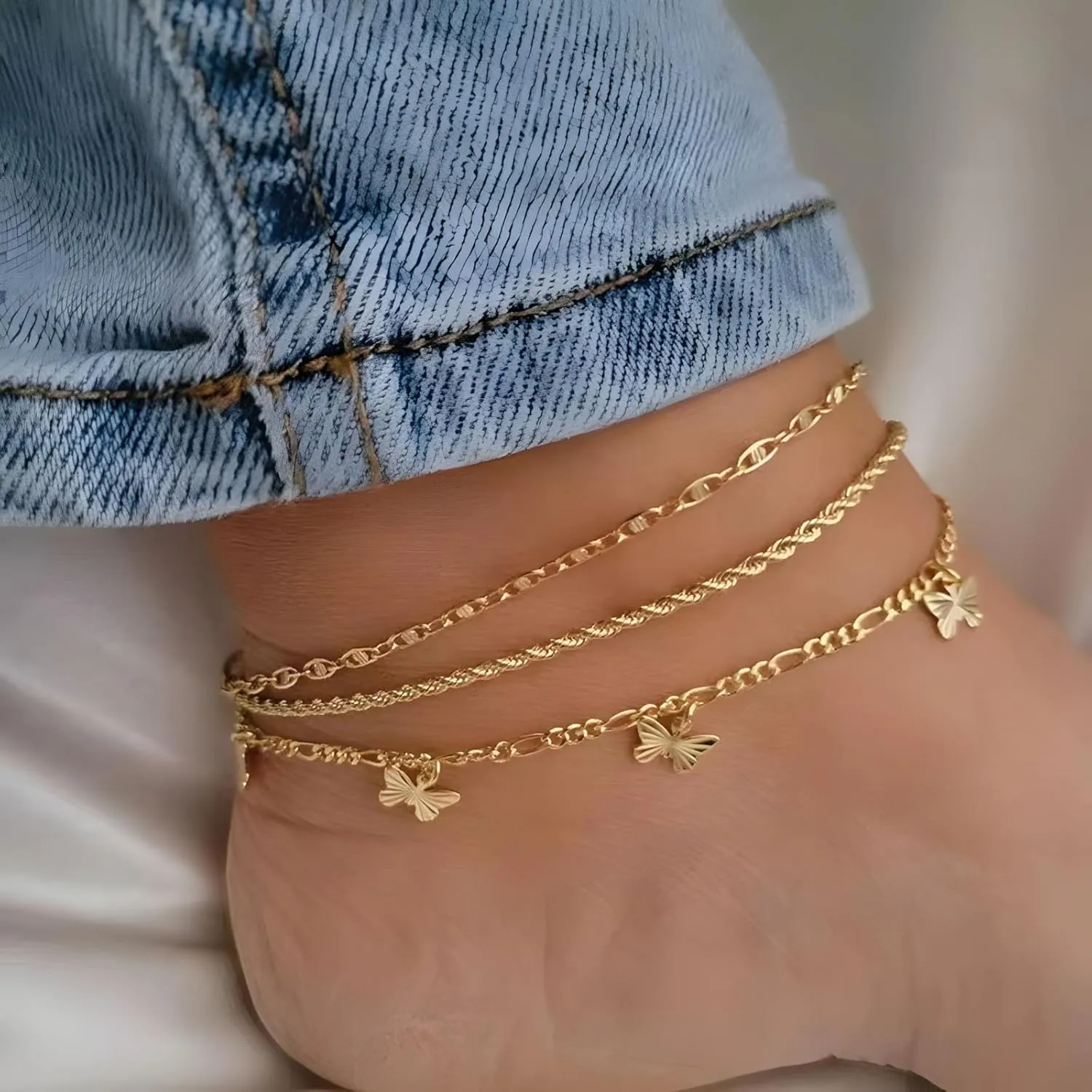 Gold Butterfly Anklets for Women Boho Layered Twist Anklets Set Adjustable Dainty Butterfly Anklet Summer Beach Jewelry