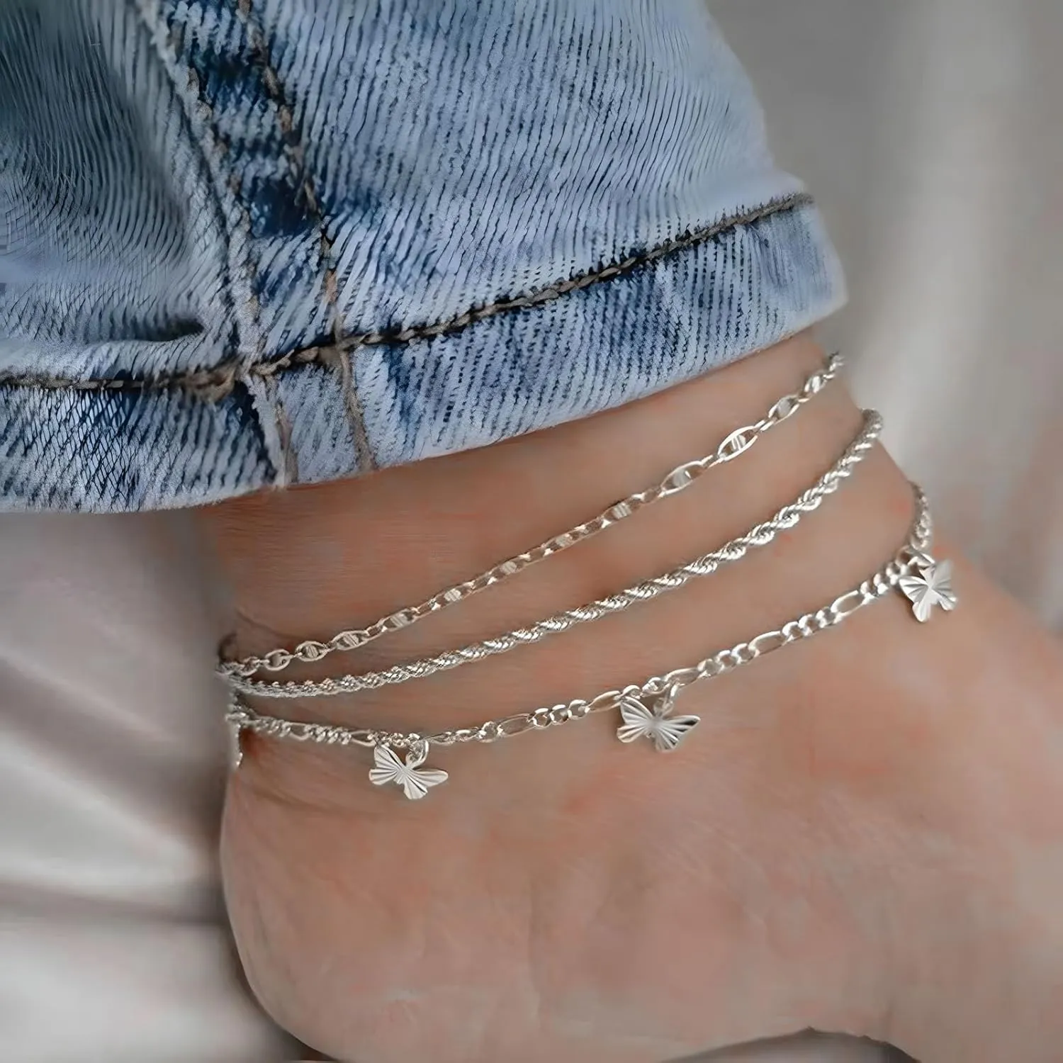Gold Butterfly Anklets for Women Boho Layered Twist Anklets Set Adjustable Dainty Butterfly Anklet Summer Beach Jewelry