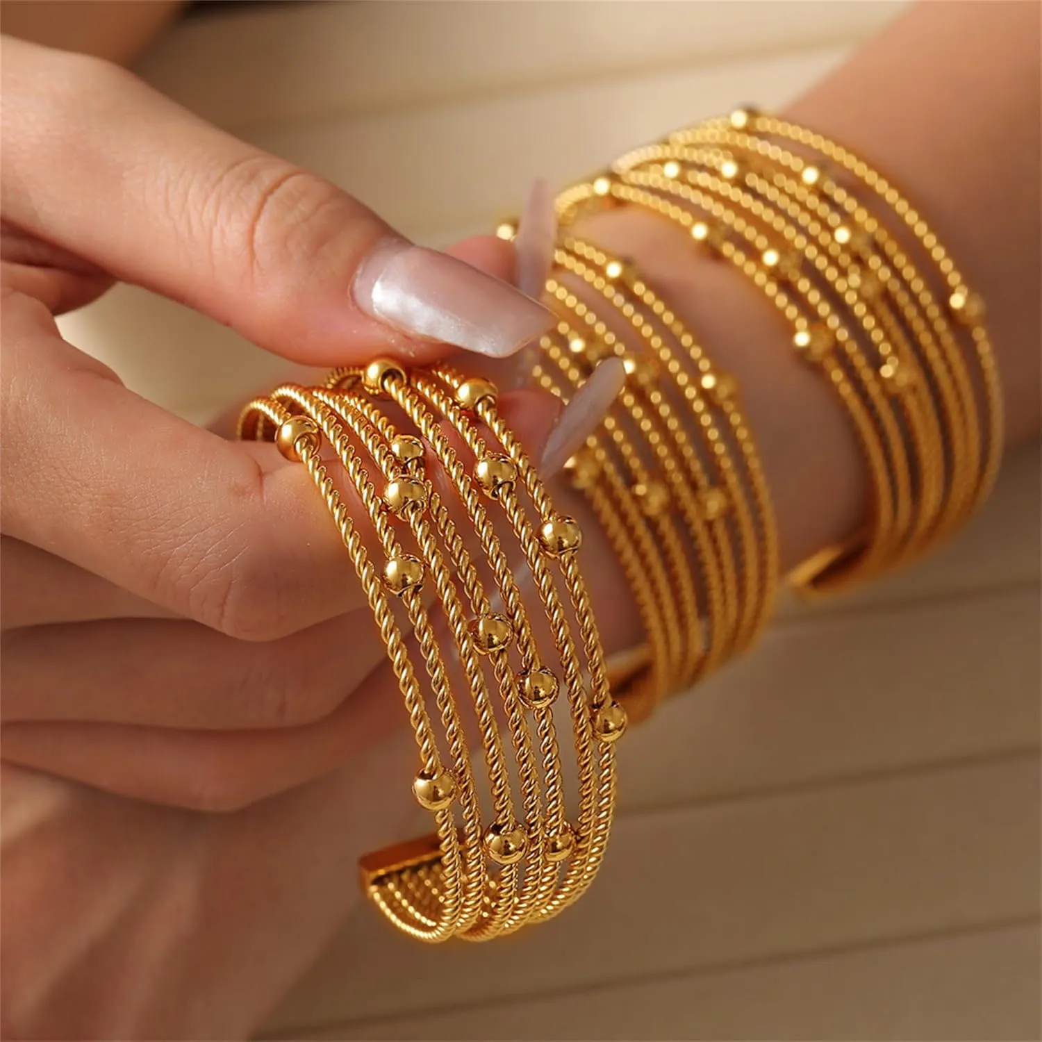 Gold Cuff Bracelets Adjustable Open Engraved Bangle Bracelets Stainless Steel Jewelry Birthday Halloween Christmas Gifts for Women Men