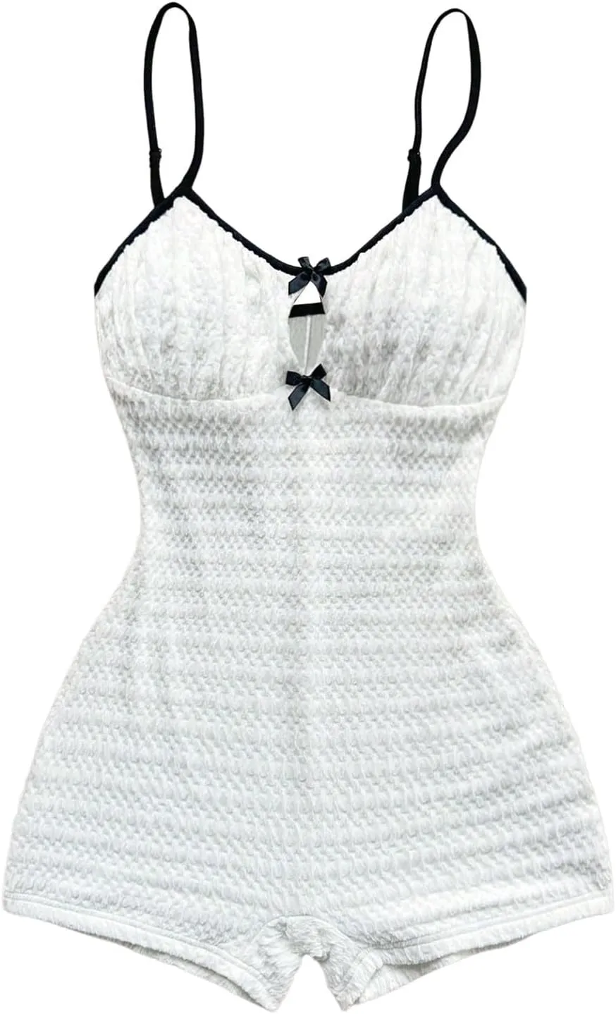 GORGLITTER Women's Bow Backless Shorts Bodysuit Sleeveless Gym Rompers Open Back One Piece Workout Jumpsuit Unitard