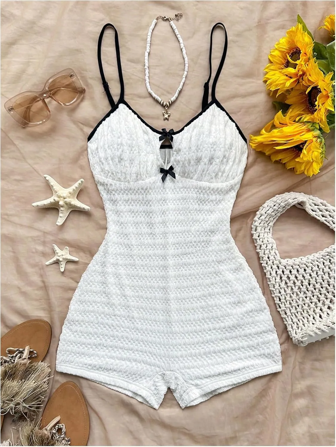 GORGLITTER Women's Bow Backless Shorts Bodysuit Sleeveless Gym Rompers Open Back One Piece Workout Jumpsuit Unitard