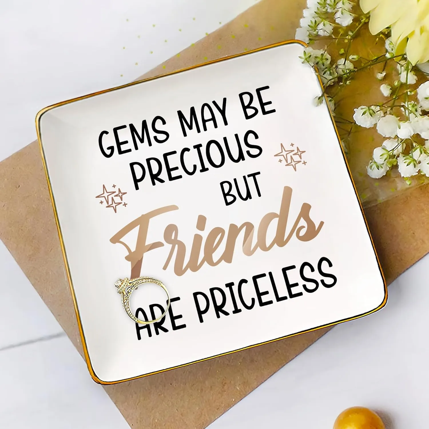 Gossby Personalized Ceramic Jewelry Tray - Gifts For Women Best Friend - Custom Tray, Dish, Plate For Ring, Earring, Bracelet - Custom Bestie Gifts For Birthday, Christmas - Gems May Be Precious