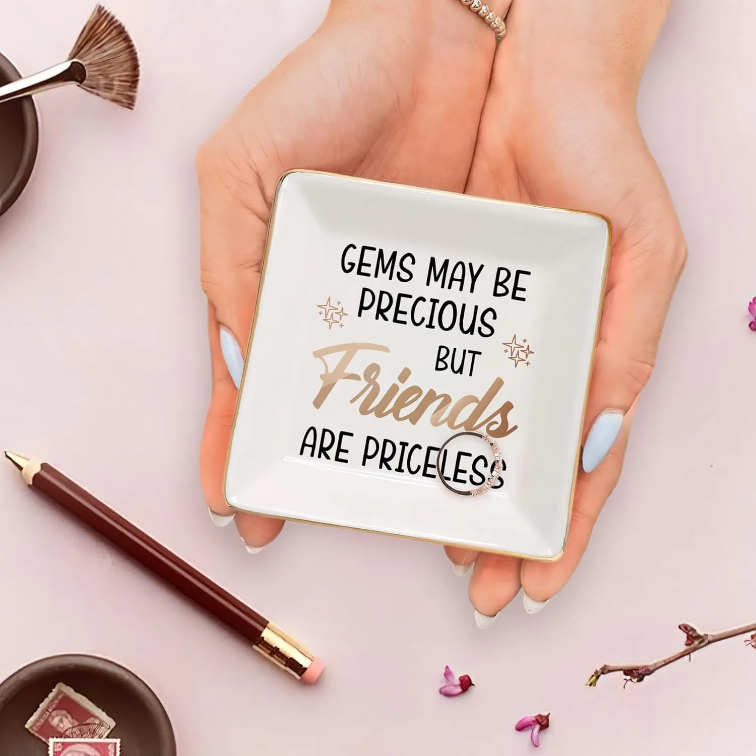 Gossby Personalized Ceramic Jewelry Tray - Gifts For Women Best Friend - Custom Tray, Dish, Plate For Ring, Earring, Bracelet - Custom Bestie Gifts For Birthday, Christmas - Gems May Be Precious