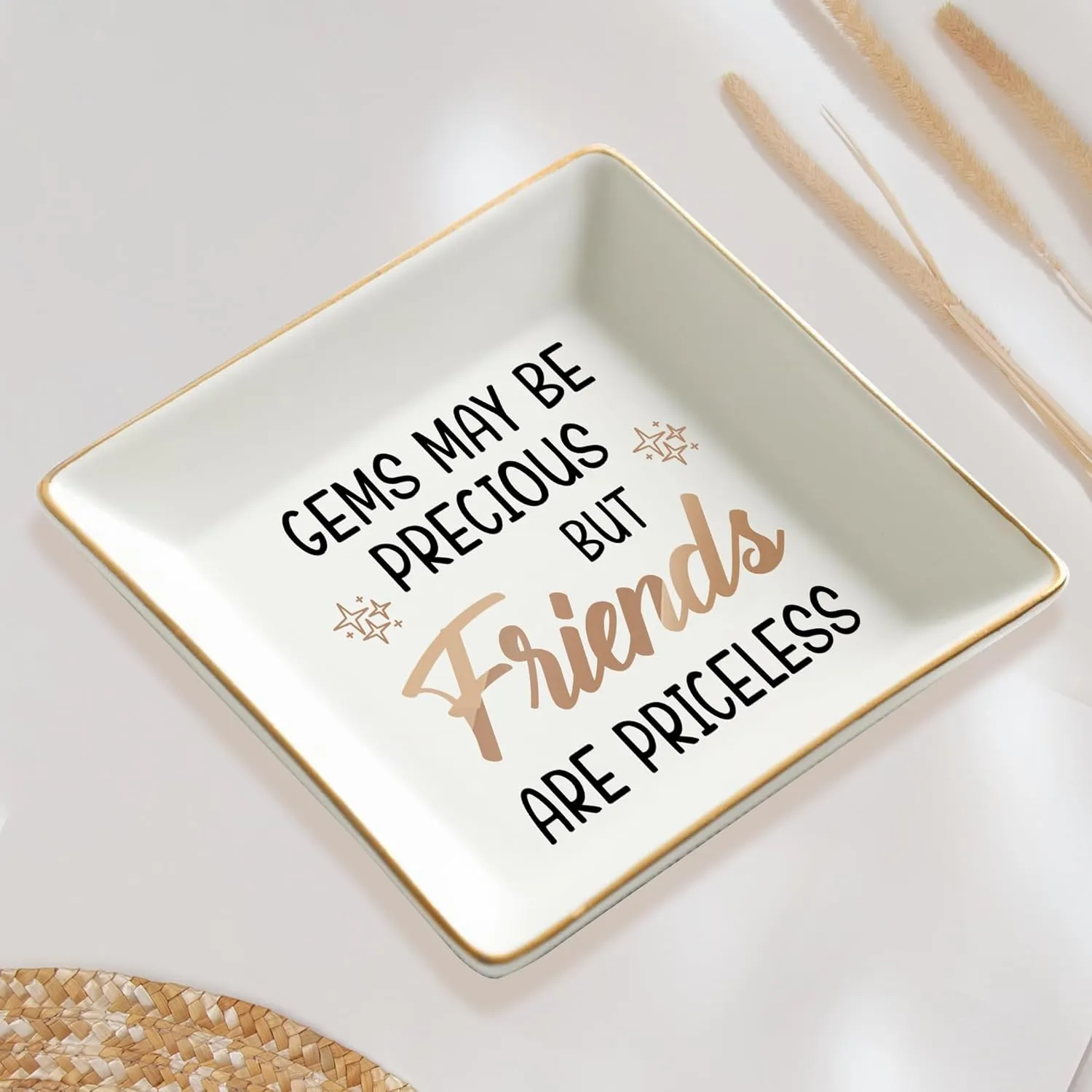 Gossby Personalized Ceramic Jewelry Tray - Gifts For Women Best Friend - Custom Tray, Dish, Plate For Ring, Earring, Bracelet - Custom Bestie Gifts For Birthday, Christmas - Gems May Be Precious